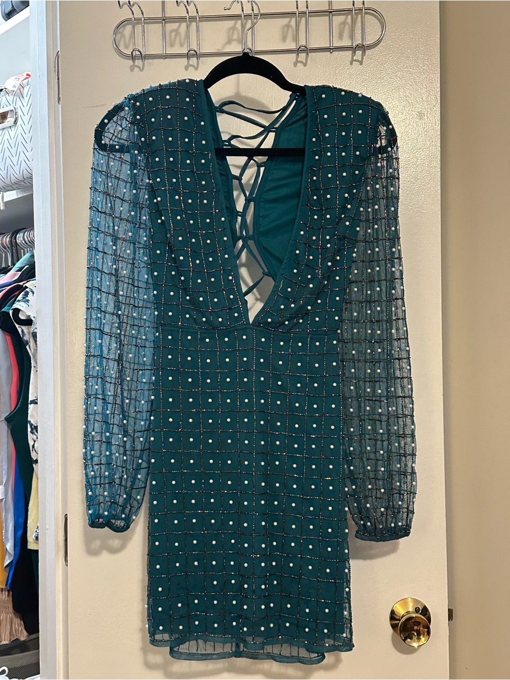 Teal Pearl-Grid Long-Sleeve Mini Dress